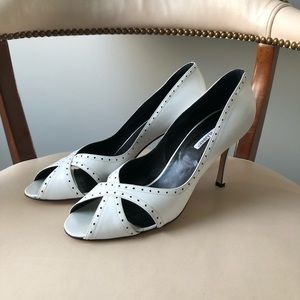 Manolo Blahnik White Peep-Toe Heels